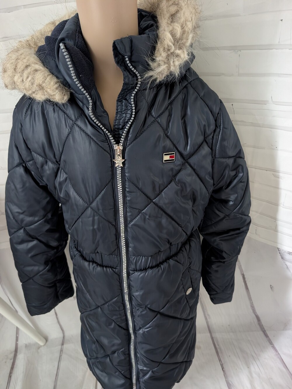Tommy Hilfiger Navy Quilted Hooded Puffer Coat with Faux Fur Trim